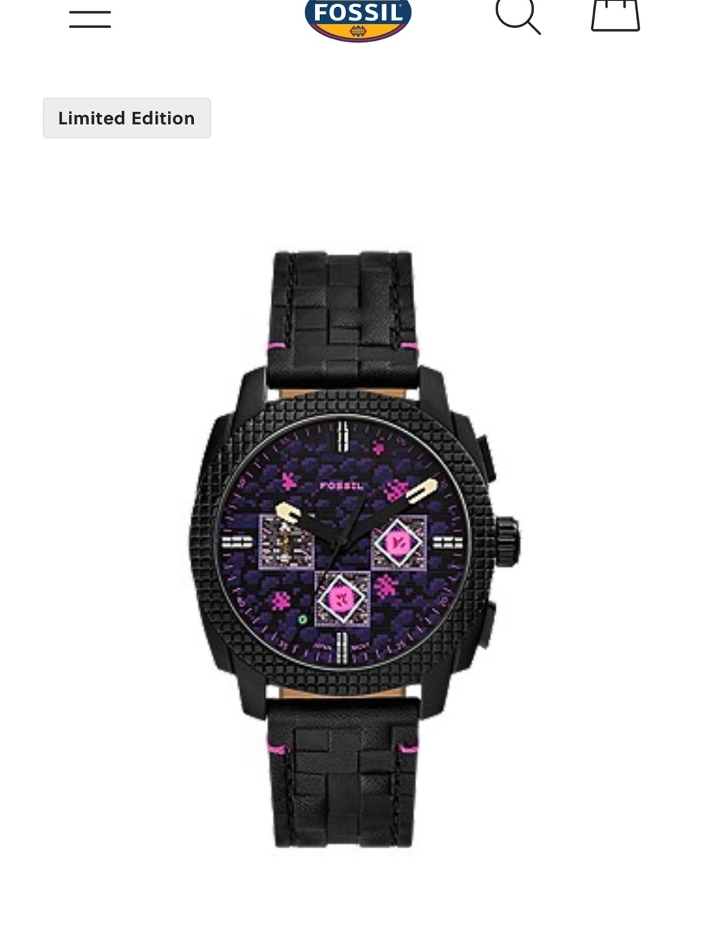 Fossil X Minecraft Black Watch with Purple and Pink Pixel Dial